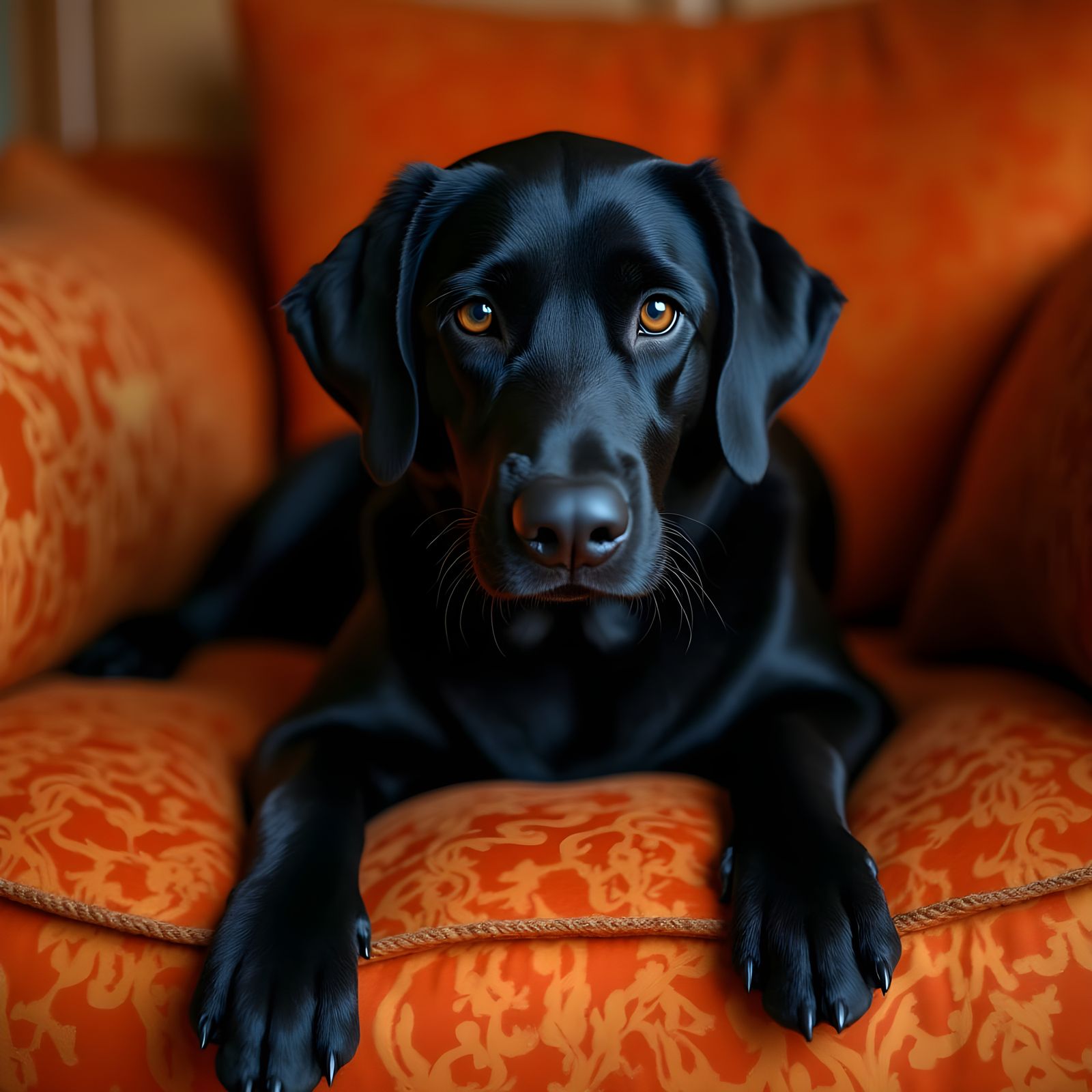 Elegant Black Labrador Retriever Portrait on Brocade Pillow