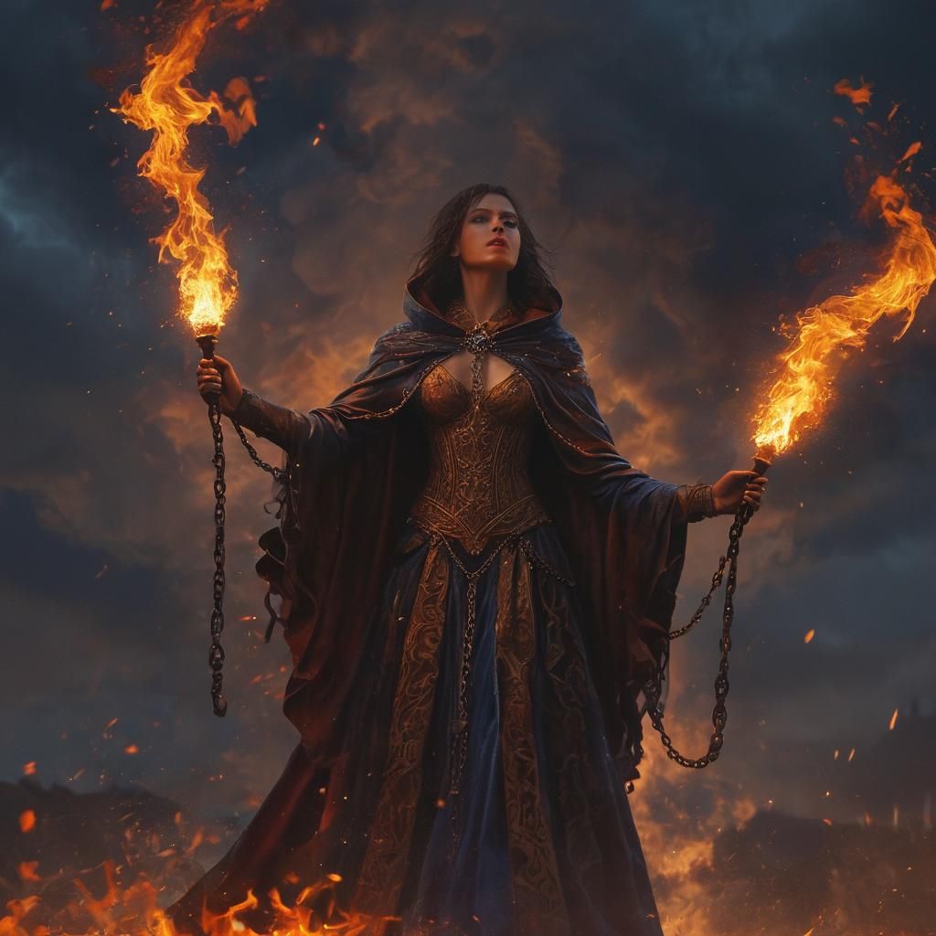 Woman at Stake in Burning Flame: Fantasy Art