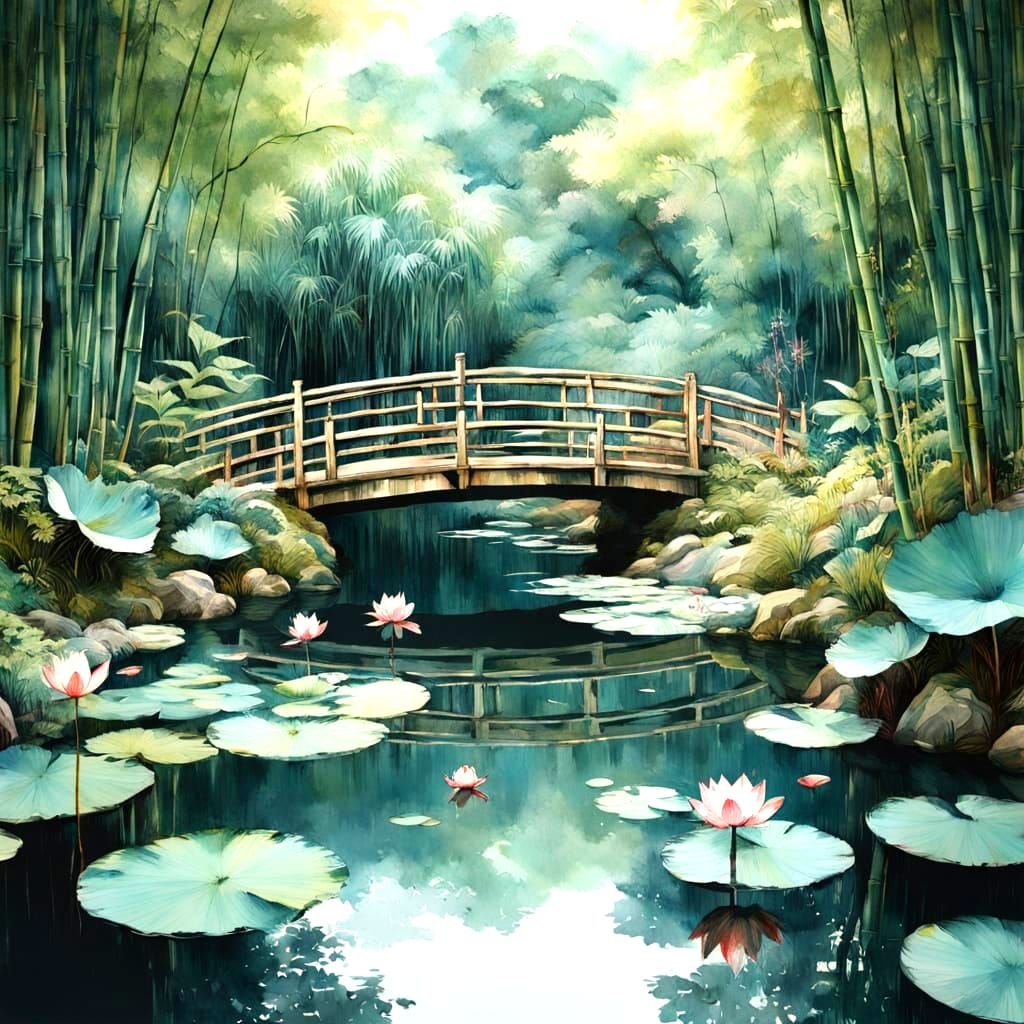 Hyperrealistic Japanese Garden with Lotus Pond