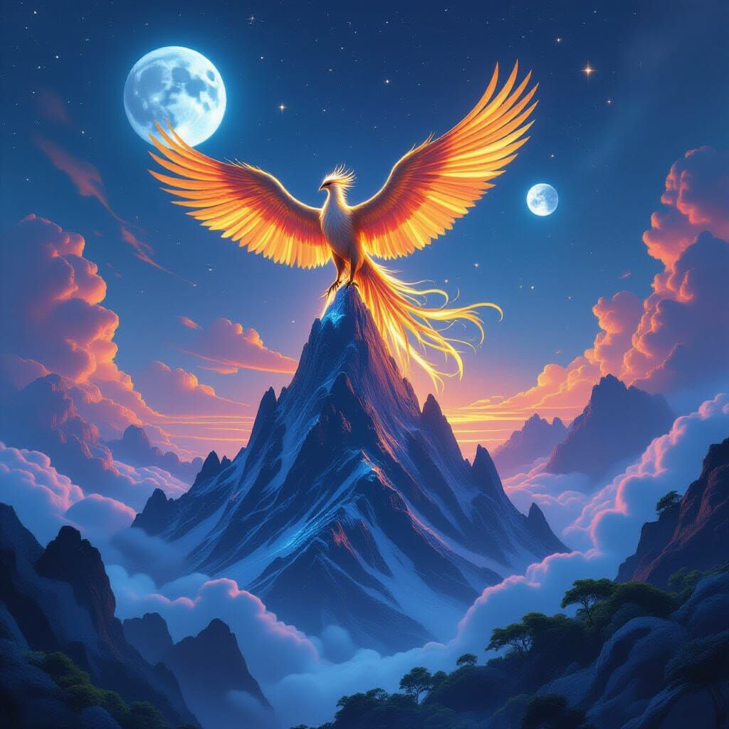 Ancient Phoenix on Alien World Under Twin Moons
