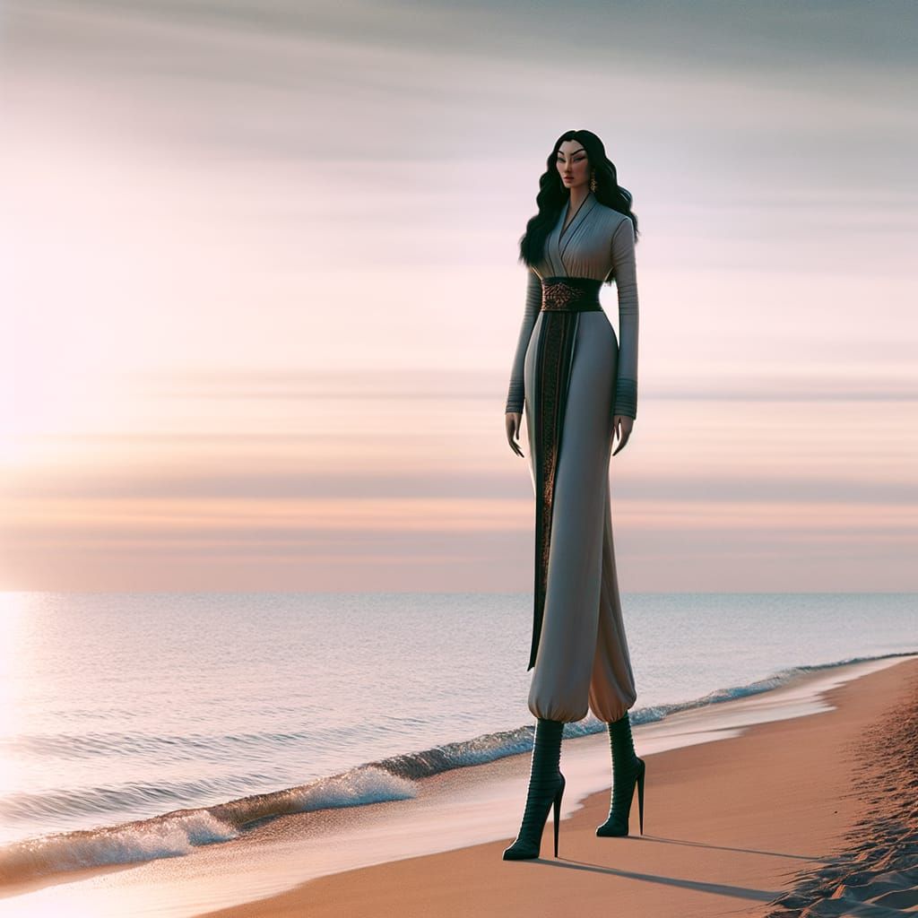 Towering Anime Woman on Beach in Evening Light
