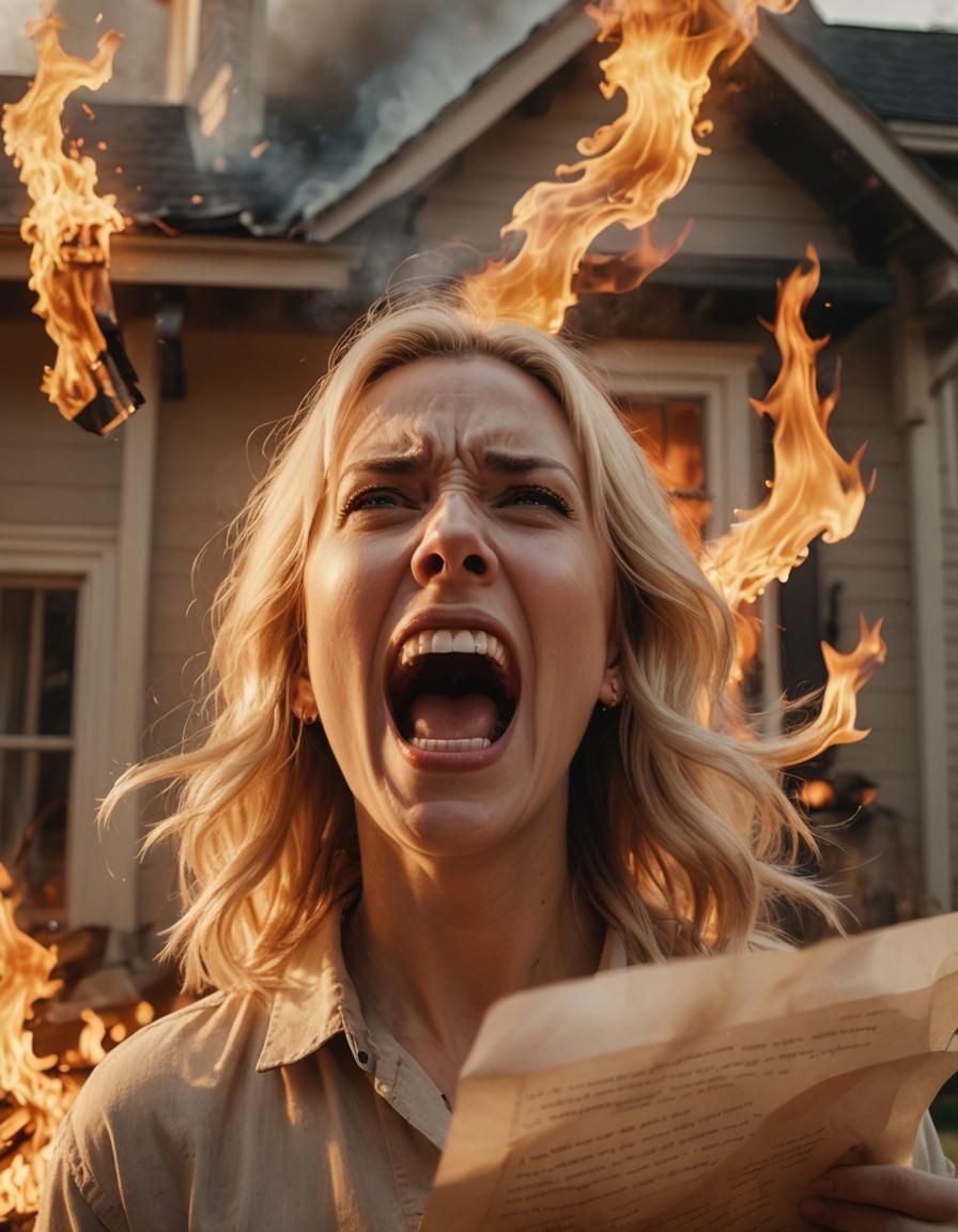 Anguished Woman Holding Burning Letter in Burning House