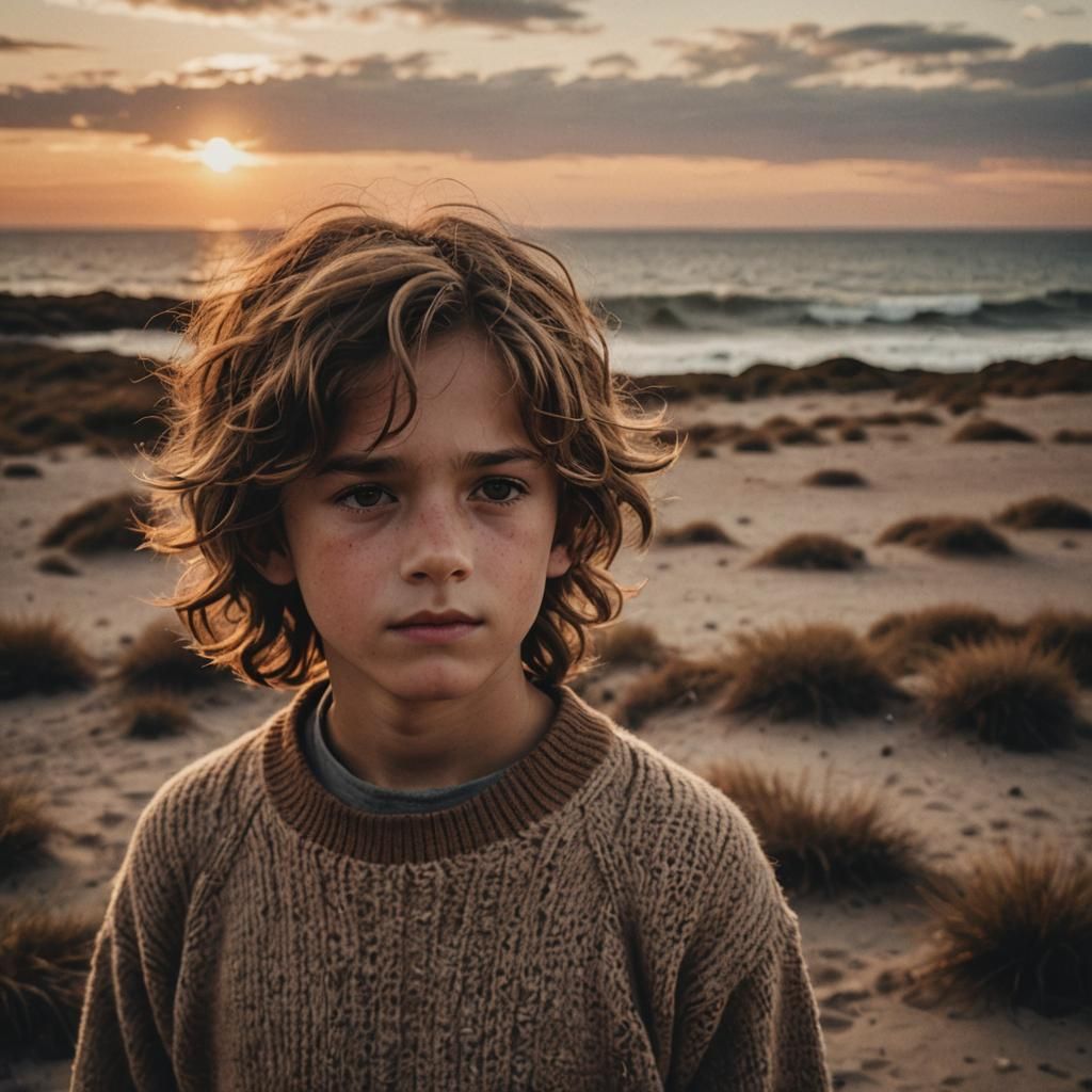 Boy Gazing at Sunset: Cinematic Film Still