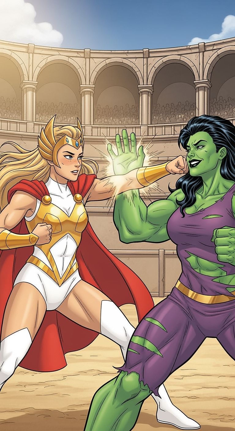 She-Ra Punches She-Hulk in Comic Art Style
