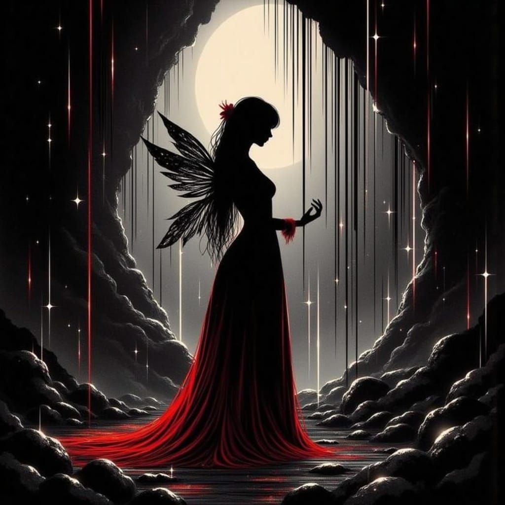 Silhouette of a dark fairy queen standing in a chamber filled with dark crystals. There are red, orange and silver accen...