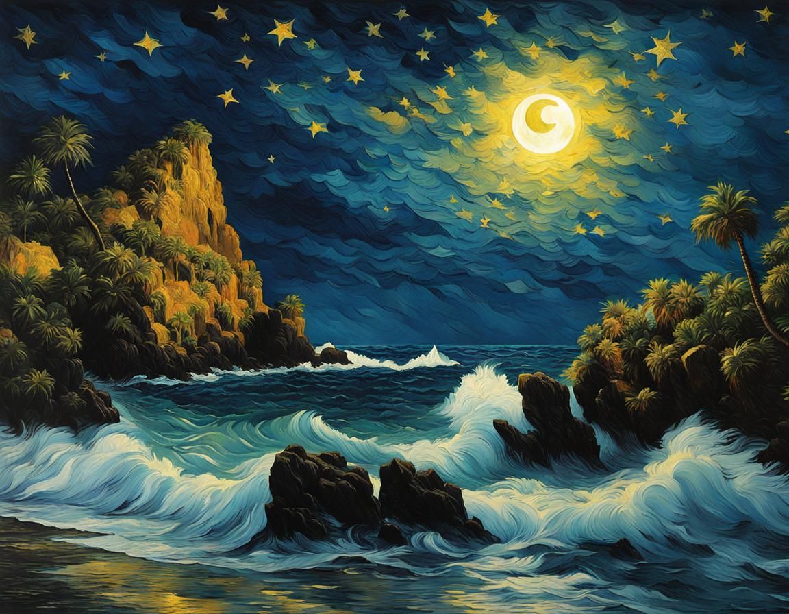 Gothic Island Beach in Starry Night Style