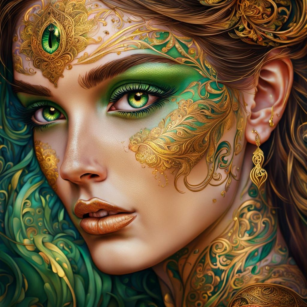Golden Tattooed Woman: An Art Nouveau Oil Painting