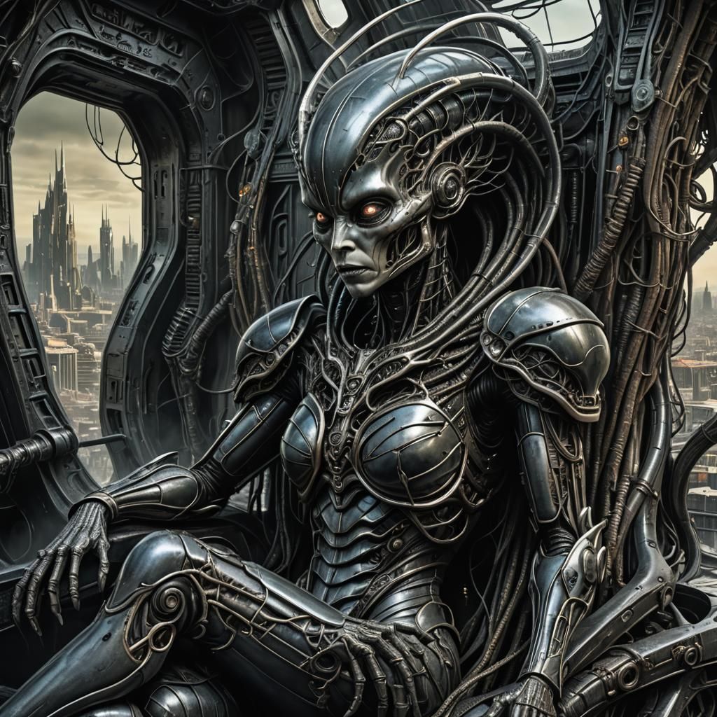 Harvester Queen on Throne in Spaceship Interior