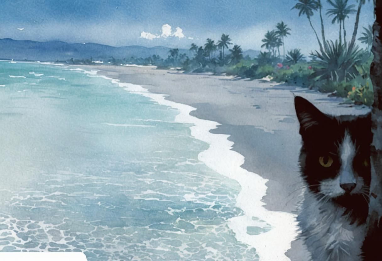 Watercolor Cat on Tropical Beach Shore