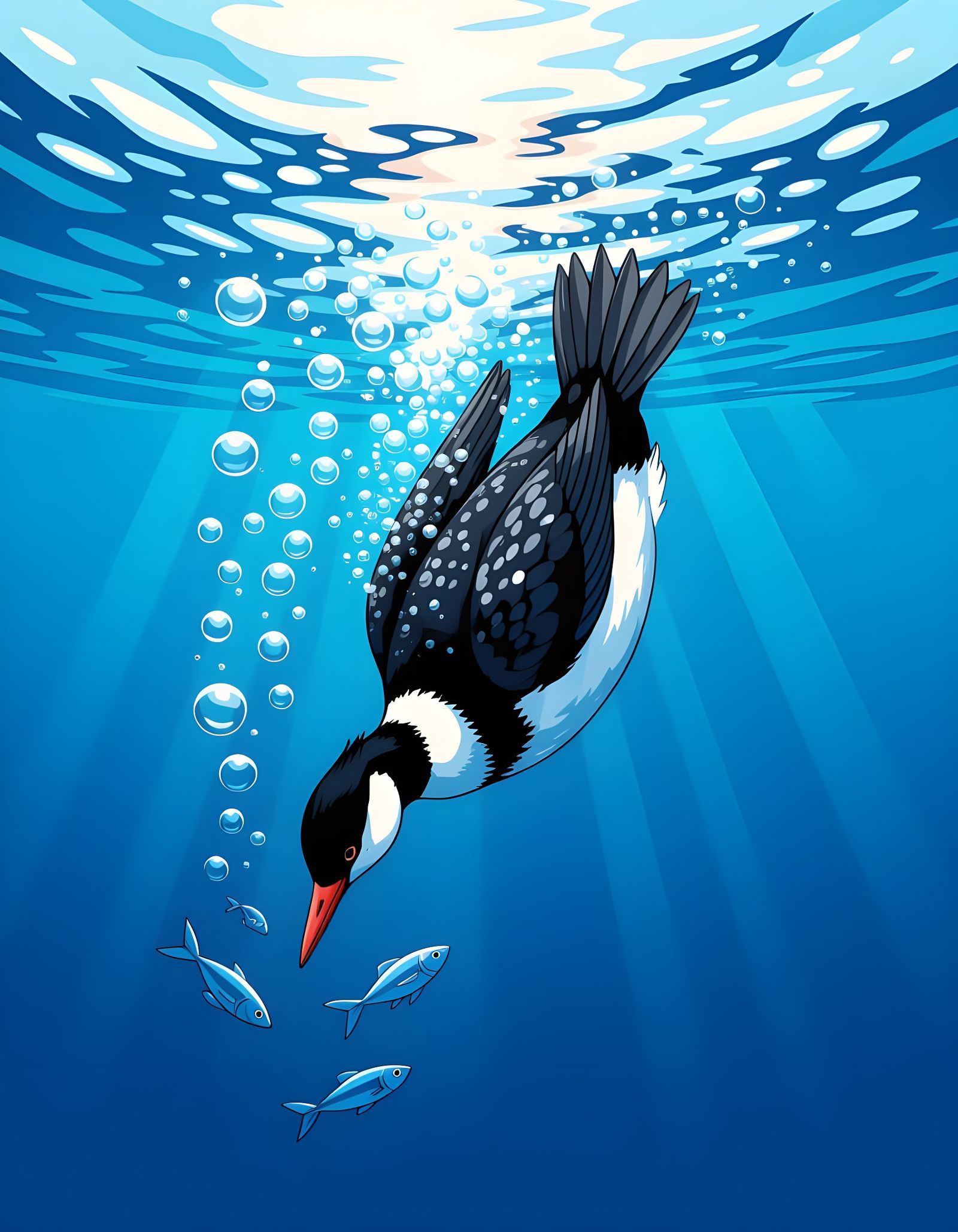 Grebe Bird Diving Deep into Blue Sea