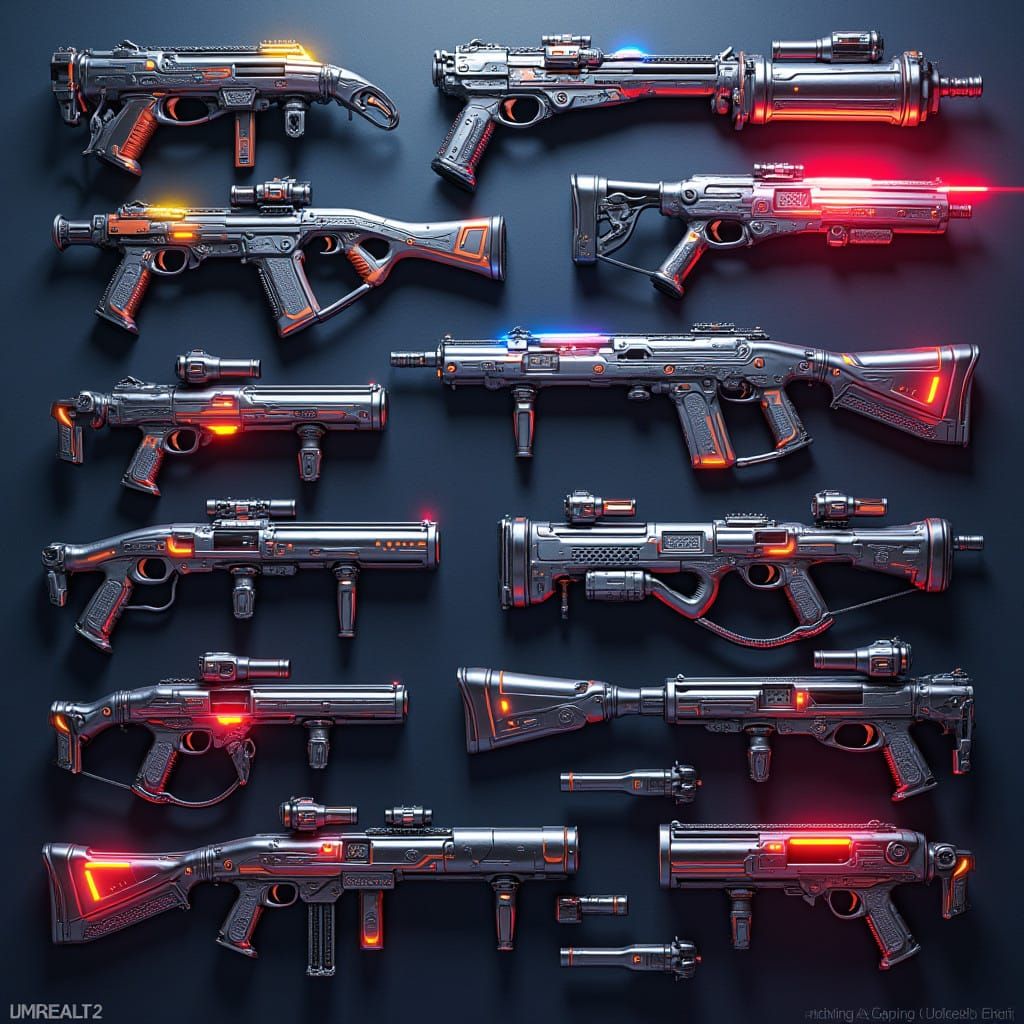 Futuristic Armory with High-Tech Firearms and Bladed Instrum...