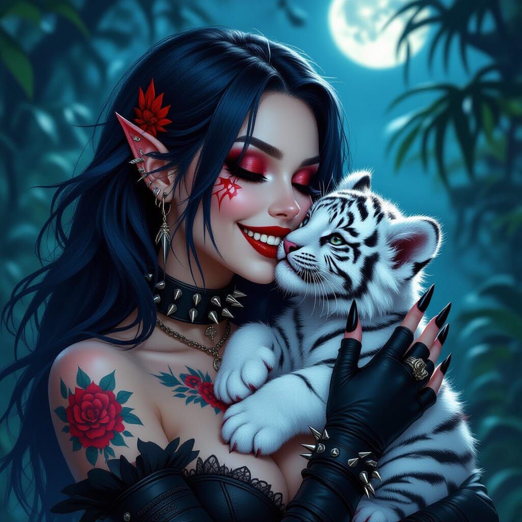Demon Vampire Kisses Tiger Cub in Moonlit Jungle