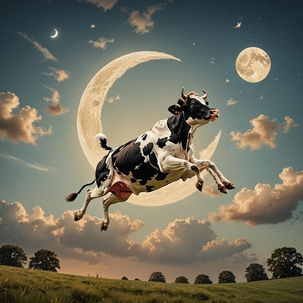Cow Jumps Over the Moon: Whimsical Fantasy Scene