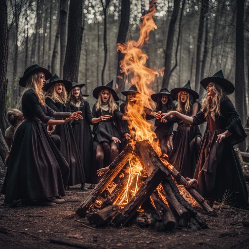Witches' Campfire Dance in Hyperrealistic Detail