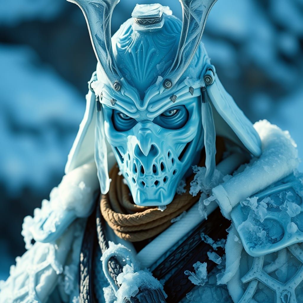 Frozen Samurai in Ice Blue Armor, Clad in Serene Dignity