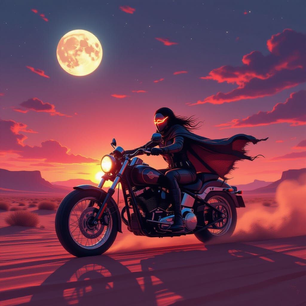 Cybernetic Motorcycle Queen Rides Desert Planet