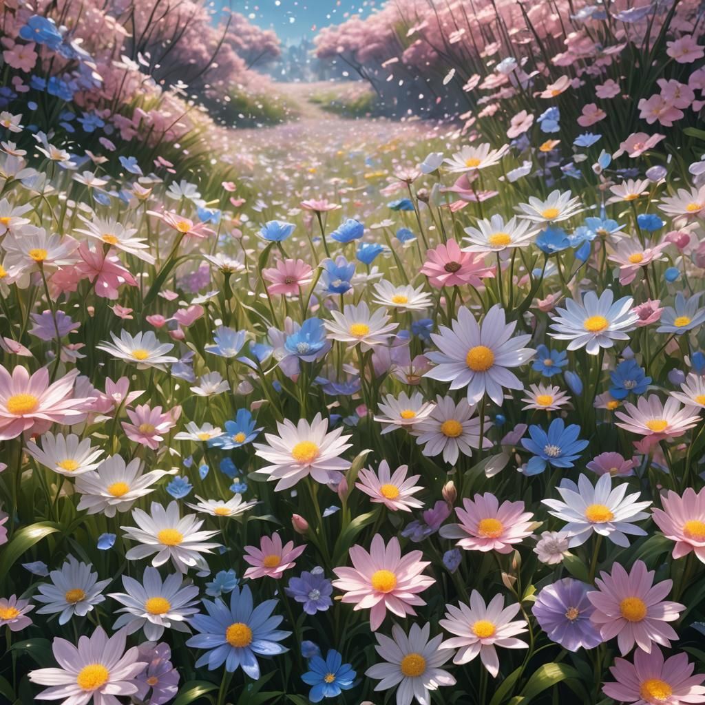Crystal Flower Field in 3D Anime Style