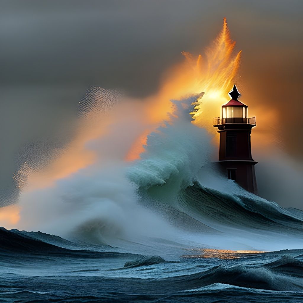 Atlantic Storm Crashing Over Lighthouse: Hyperrealistic Mixe...
