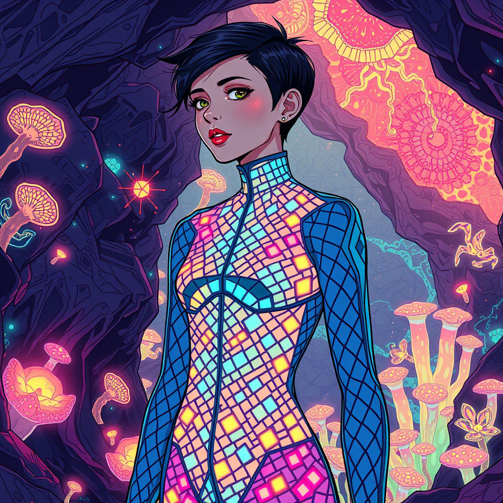Bioluminescent Bauhaus Jumpsuit in Subterranean Anime World