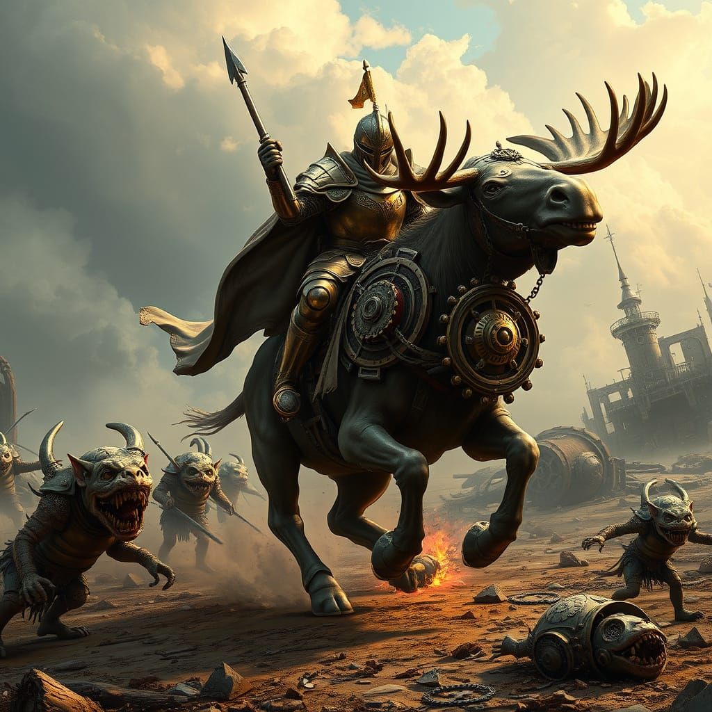 Armored Knight on Moose in Steampunk Battle Scene