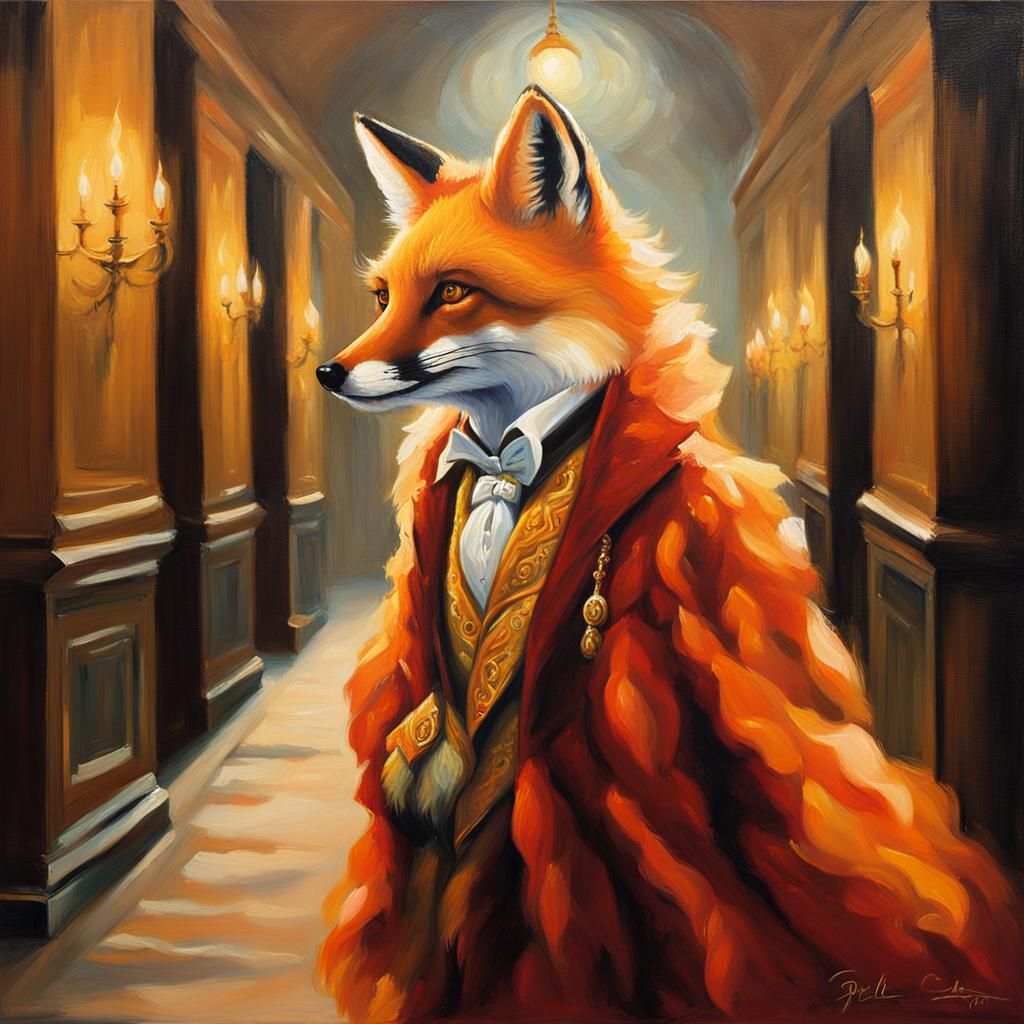 Fox Strutting in Velvet Hallway as Oil Painting