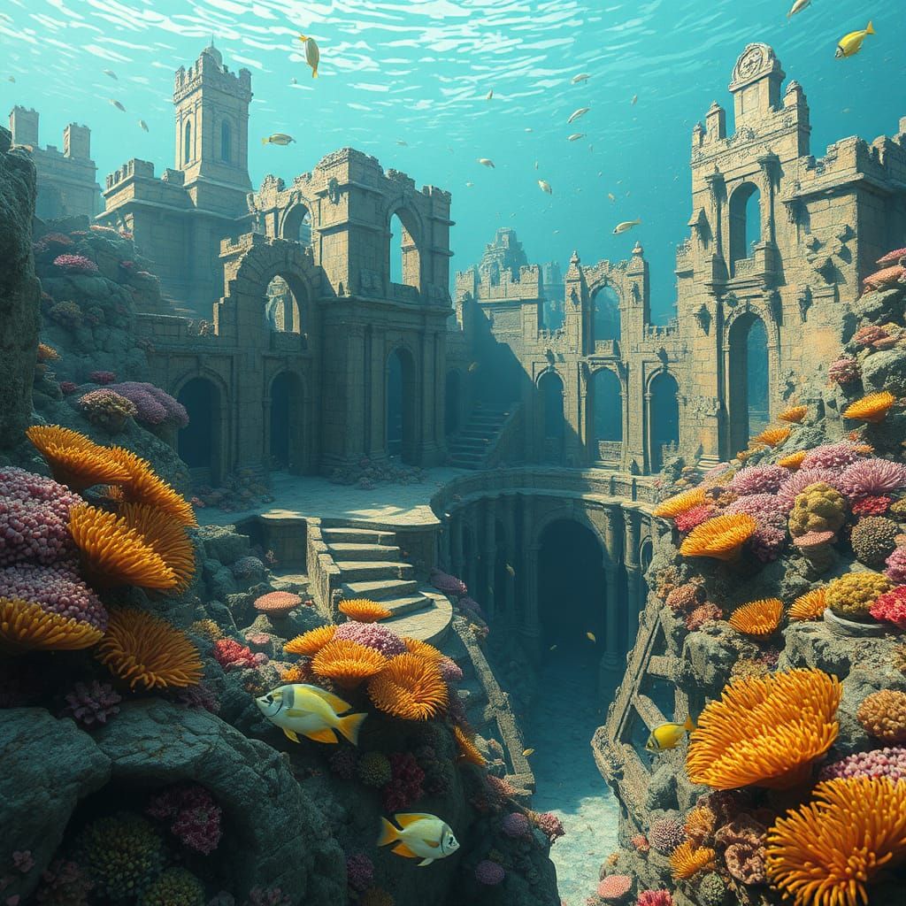 Underwater Coral City Ruins in Anime Style