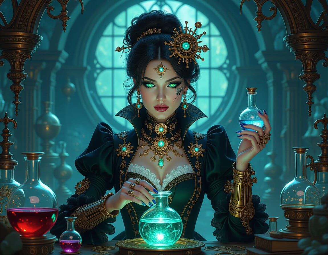 Gothic Cyborg Alchemist with Clockwork Apparatus