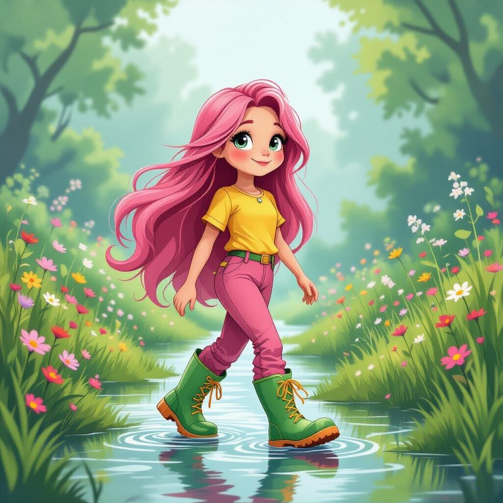 Fluttershy Walks in Wetlands: Whimsical Cartoon Art