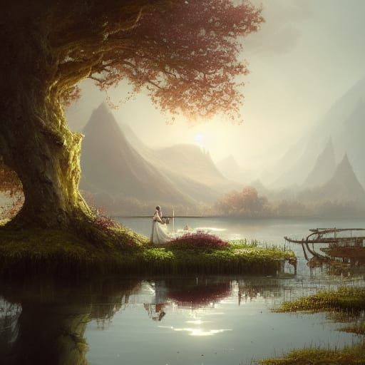 Treehouse on Lake: Dark Fantasy Concept Art