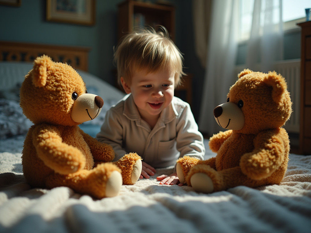 Child Plays with Teddy Bears in Hyperrealistic Splash Art
