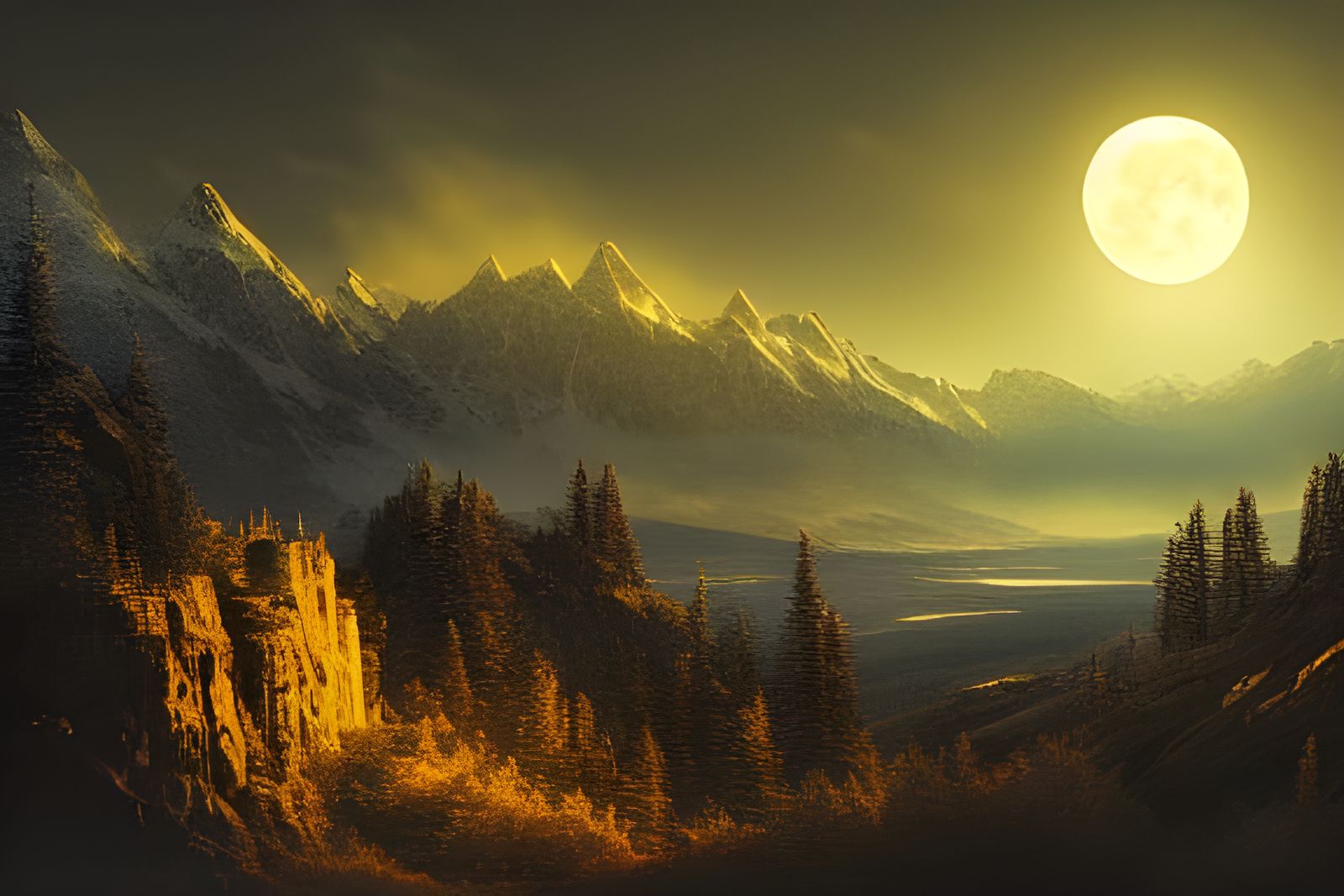 Harvest Moon Illuminates Rugged Mountain Landscape