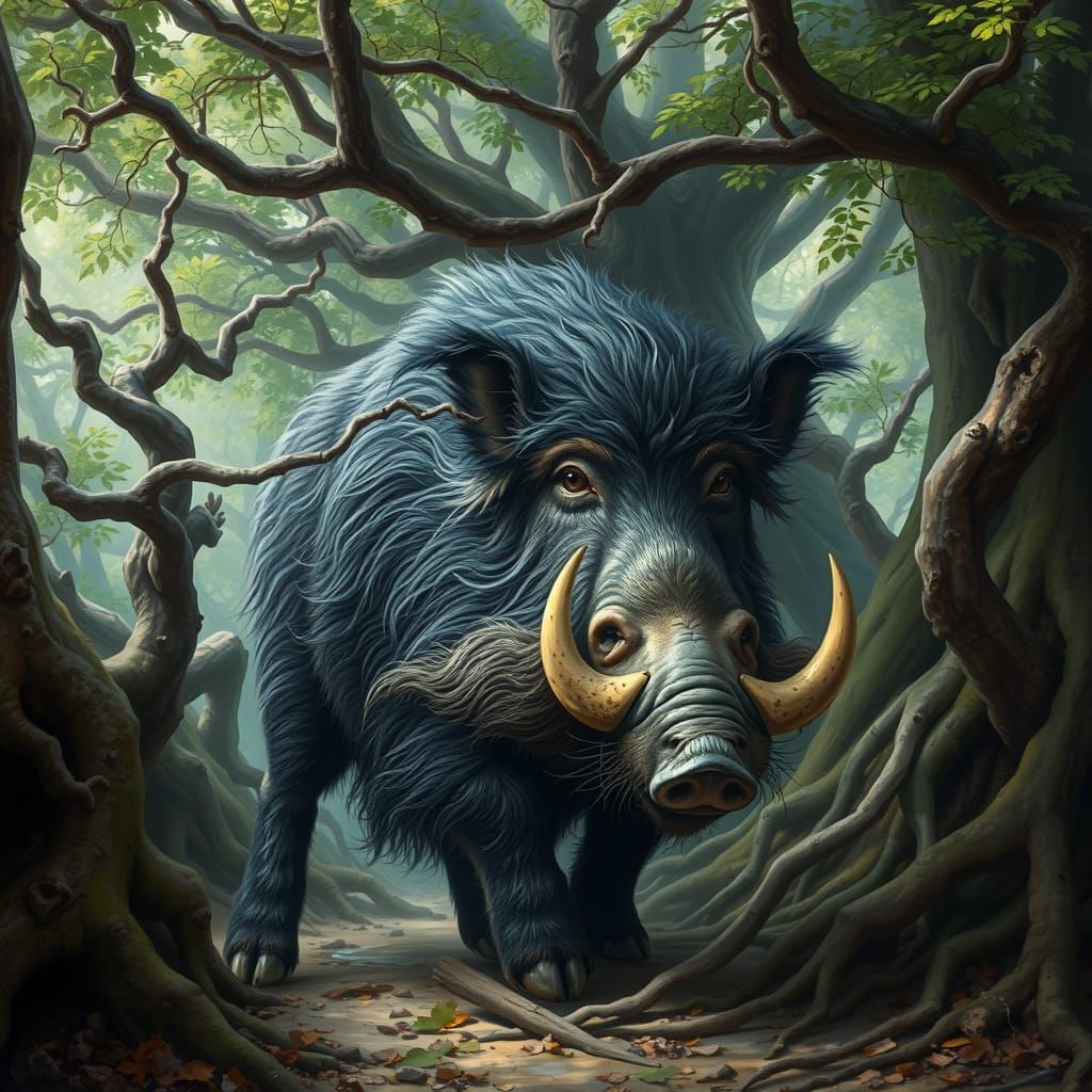 Majestic Boar in Ancient Forest Landscape