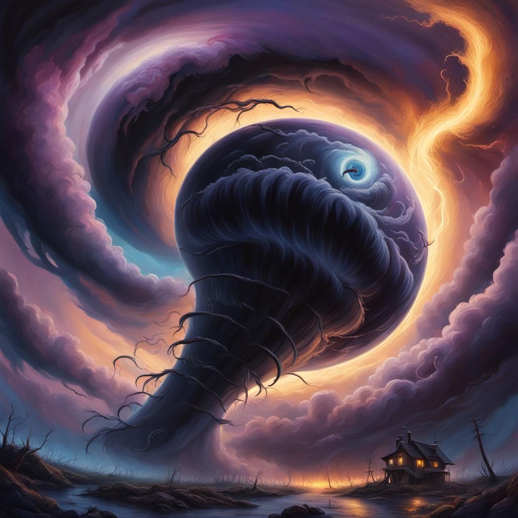 Tornado Under Black Moon: Fantastical Oil Painting