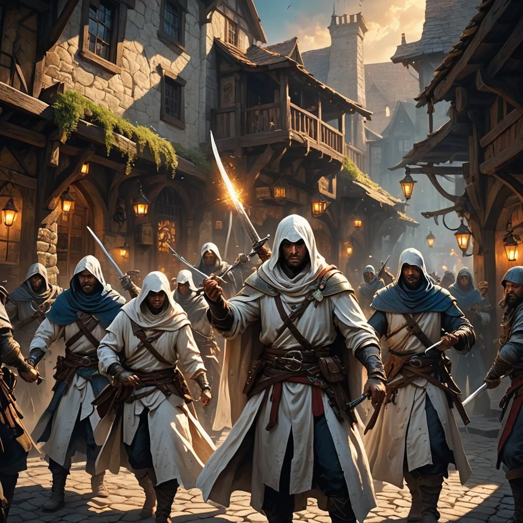 Ominous Tavern Scene with White-Robed Militiamen