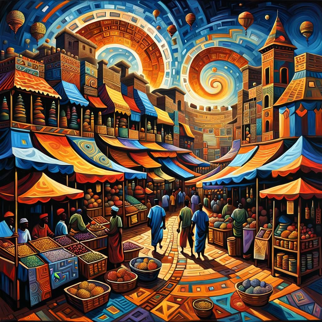 Celestial African Marketplace in Post-Impressionist Oil