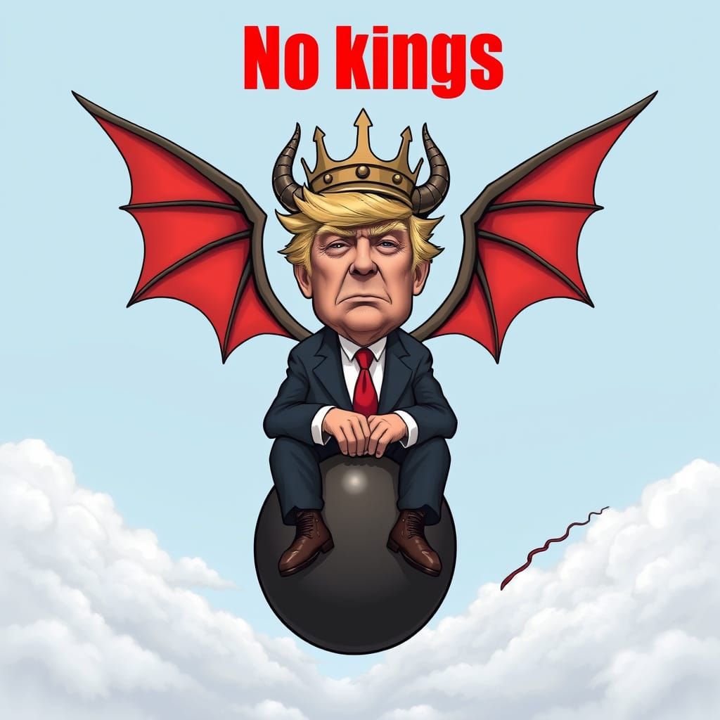 Old Donald Trump wearing a demon crown sits on a flying cannonball. Bright red headline at the top. No kings.