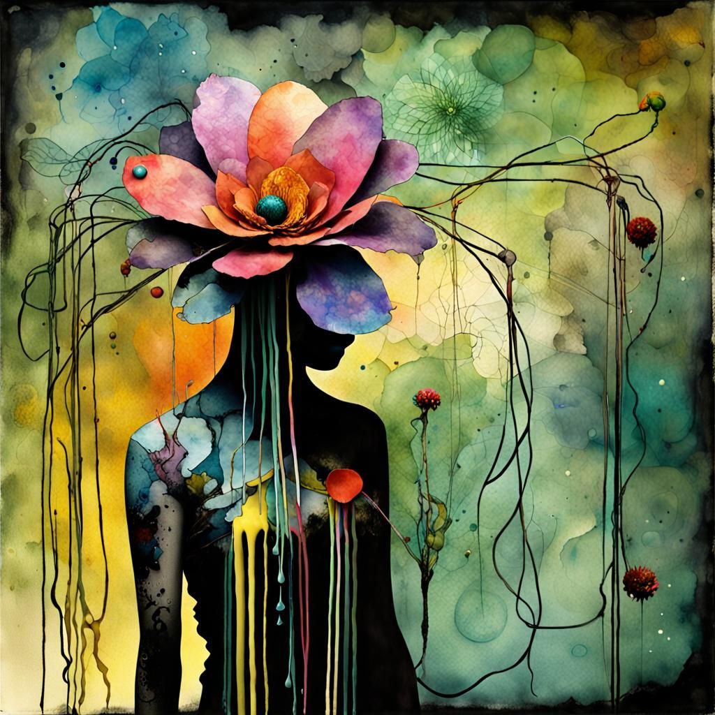 Claymation Flower with Watercolor and Ink Drips