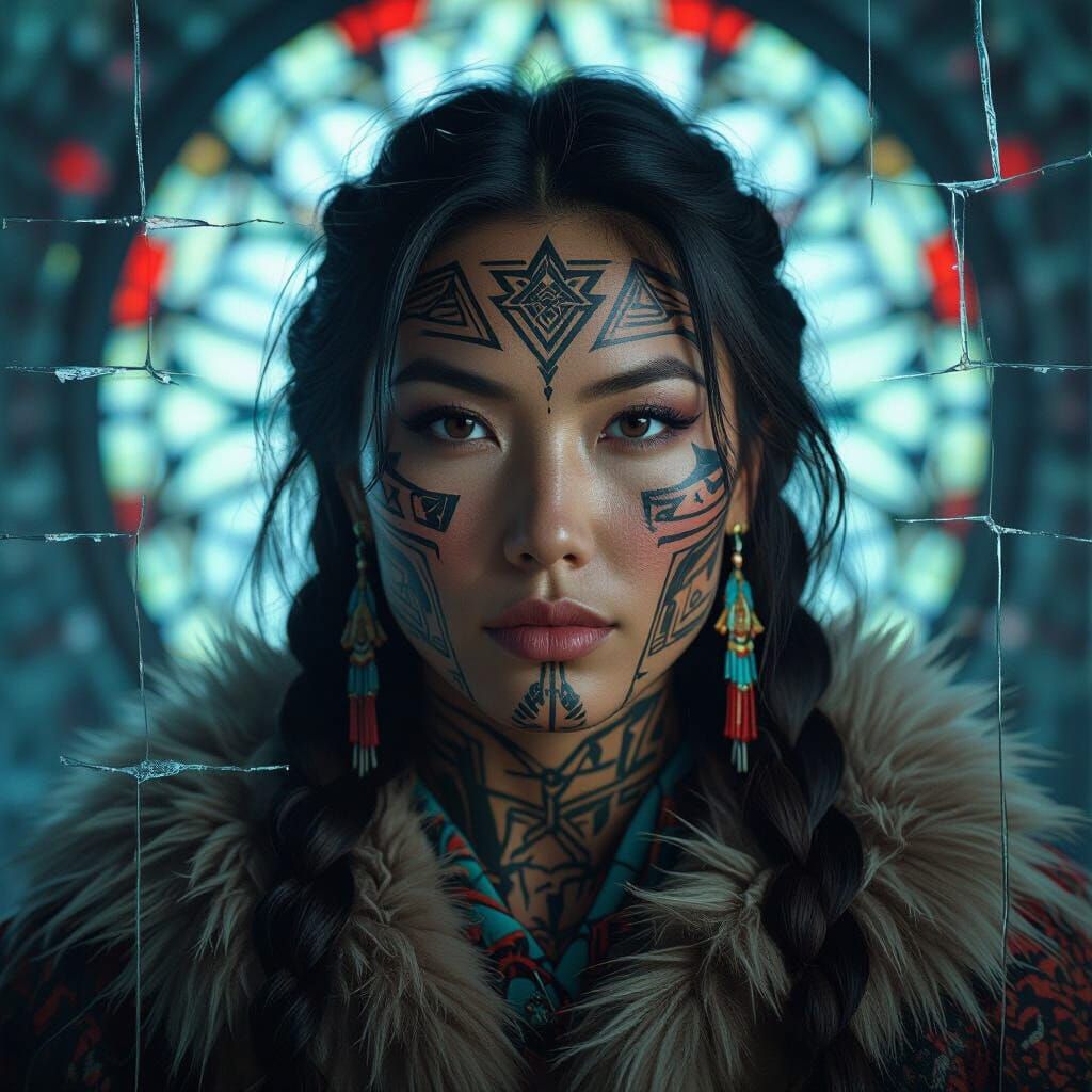 Fractured Beauty: Alaskan Woman in Stained Glass Style