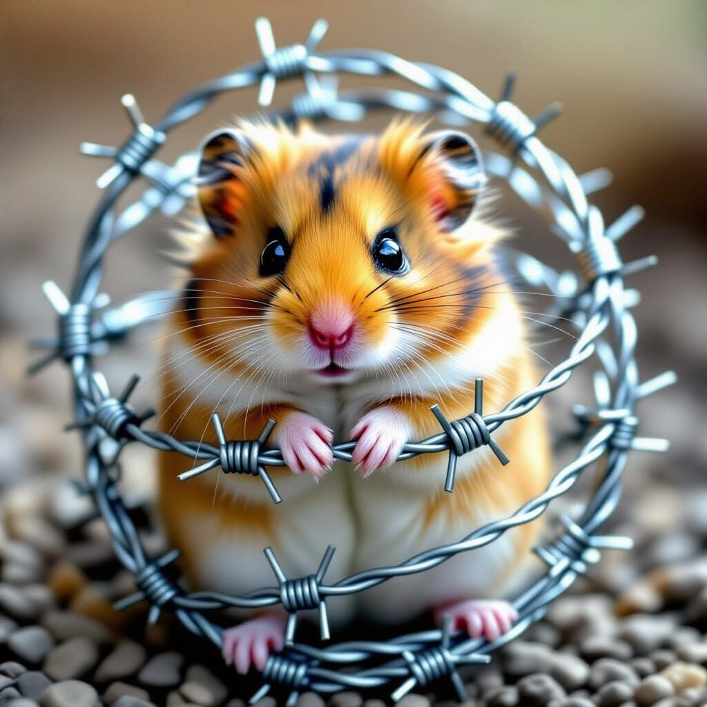 Cute Fluffy Hamster Trapped in Barbed Wire