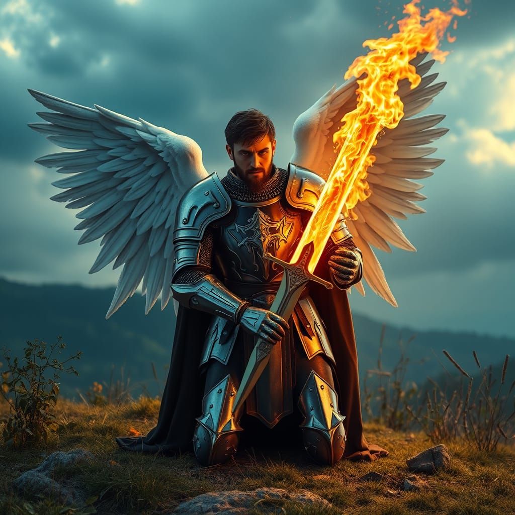 Epic Male Knight in Shining Armor with Angel Wings and Flami...