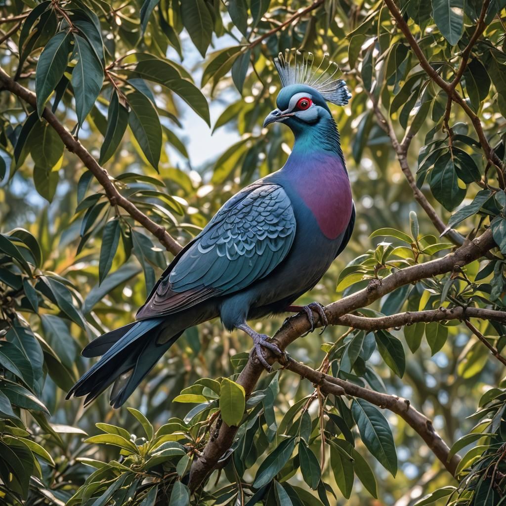 Crowned Pigeon in Lush Avocado Tree, Maximalist Photography