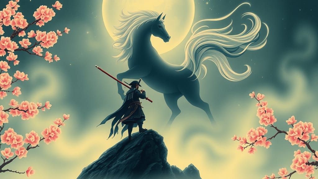 Samurai and Ethereal Horse on Misty Mountain
