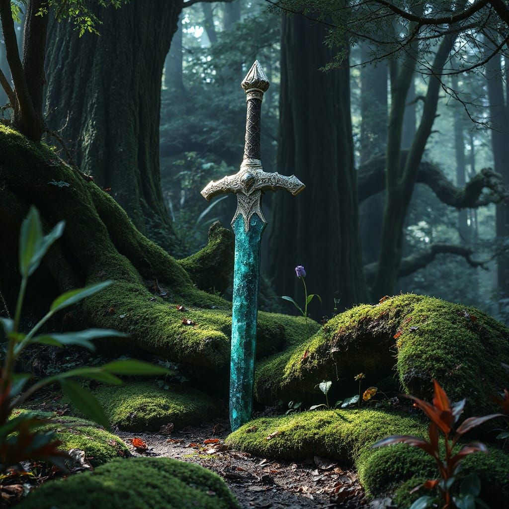 A moss-covered sword made of crystals is tucked into a path ...