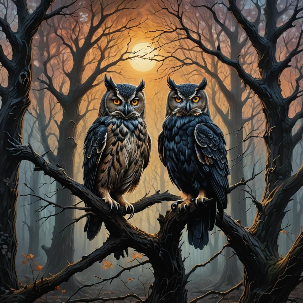 Gothic Owl Singing at Sunrise in Dark Forest