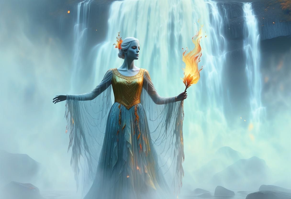 Ethereal Ghost with Fiery Dress by Misty Waterfall