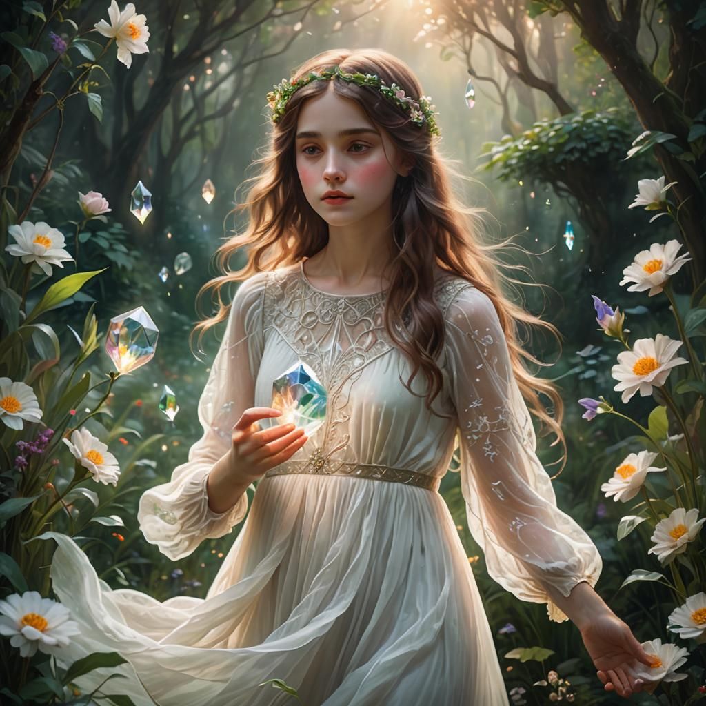 Enchanted Forest Girl with Crystal in Romantic Style