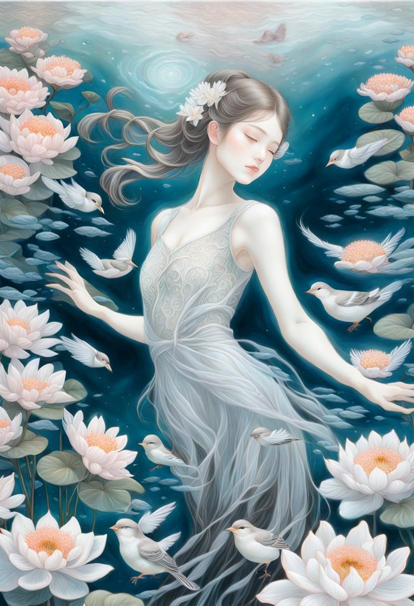 Ethereal Japanese Woman Submerged in Nature