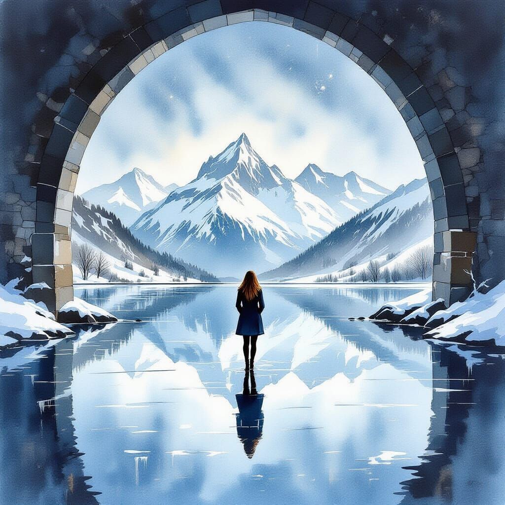 Woman's Reflection Under Gothic Bridge Amidst Snowy Mountain...