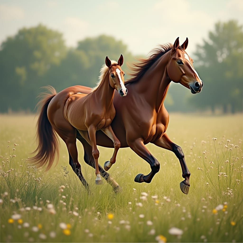 Gentle Horse Plays with Foals in Sunlit Meadow