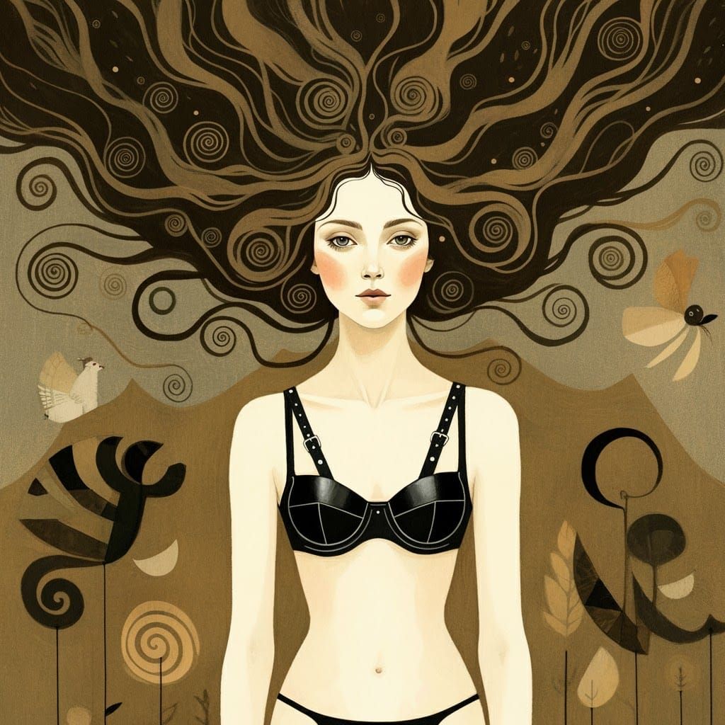 Whimsical Folk Art Woman in Leather Bustier